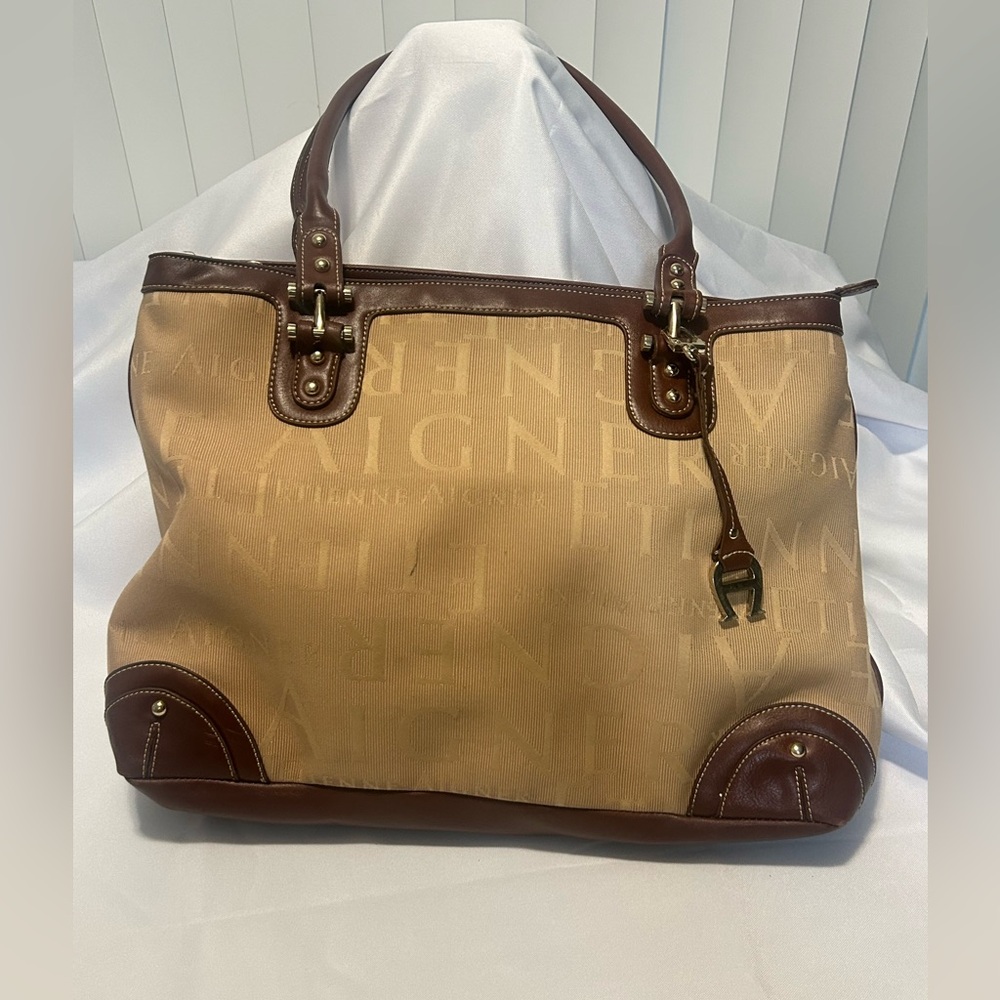 Etienne Aigner Sophisticated Tan and Brown Shoulder Bag with Leather Accents